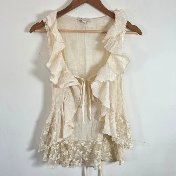 Vintage Y2K XXI Ruffled Tie Front Top Lace Trim Back Tie Floral Cream Sm Fairy - Picture 2 of 6